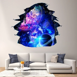 Detailed 3D wall decal showing a broken wall effect with purple planets and cosmic nebula