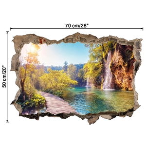 Detalle de vinilo decorativo 3D con cascada y bosque de dimensiones 70x50 cm para pared
