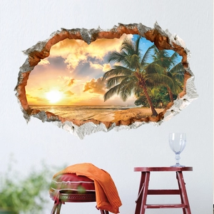 3D broken wall sticker featuring a tropical sunset beach with palm trees and ocean view