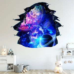 Detailed 3D outer space wall sticker with planets and nebula in a cozy nursery room