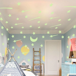 Luminous wall stickers featuring stars, moon and meteors for indoor bedroom ceiling decor