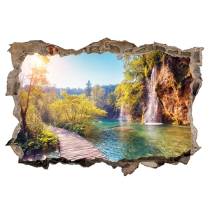 Vinilo decorativo 3D con efecto de pared rota y paisaje natural de bosque y cascada