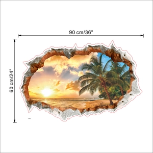 3D sunset beach wall sticker detail with 90x60 cm dimension marks and broken wall effect