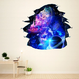 3D outer space broken wall sticker showing purple planets and galaxy on a light brick wall