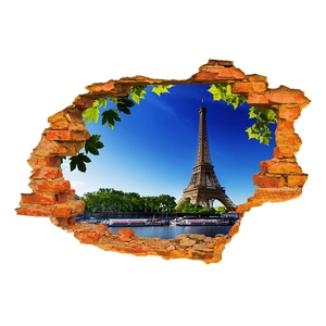 3D broken wall effect sticker featuring Paris Eiffel Tower scenery on white background