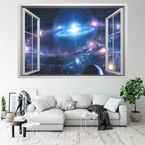 3D outer space faux window wall sticker with nebula and planets over modern sofa