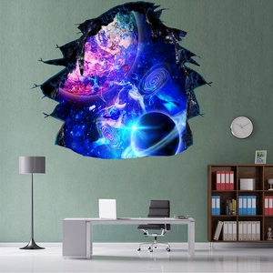 3D outer space wall sticker with broken wall effect featuring purple planets and galaxy