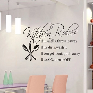 Detail of Kitchen Rules wall sticker with utensil icons on white kitchen background