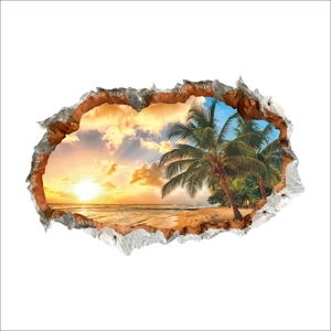 3D beach sunset wall sticker with tropical palm trees and broken wall visual effect
