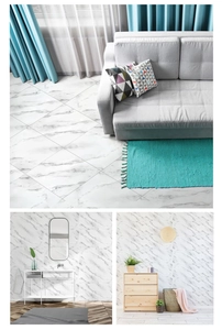 Detail showing 3D marble texture self-adhesive floor and wall tiles in a modern living room