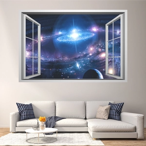 3D outer space window wall decal showing galaxy and planets for living room decor