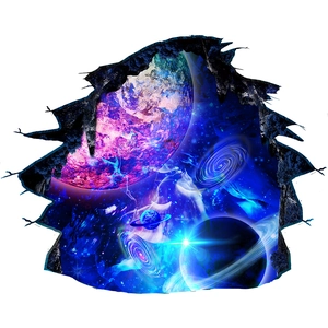 Detail of 3D cracked wall sticker showing deep space planets and vibrant cosmic nebula effects