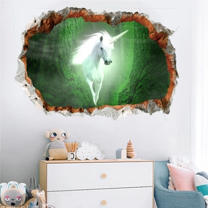 3D wall sticker featuring a white unicorn in green forest with broken wall visual effect