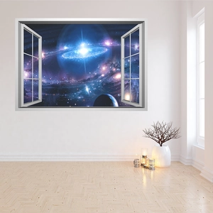 3D space wall decal showing a blue galaxy and planets through a creative faux window view