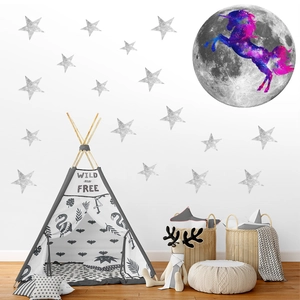 Stickers muraux licorne lune lumineuse et tente tipi Wild and Free pour chambre enfant