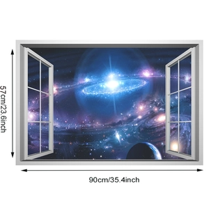 3D wall sticker with blue galaxy planet view through window frame, 90cm x 57cm size