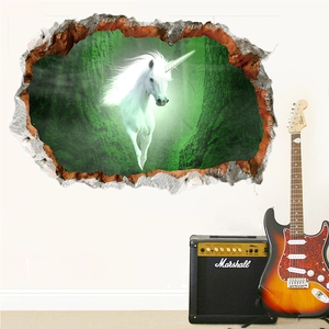 3D wall sticker featuring a white unicorn emerging from a green forest through a cracked wall