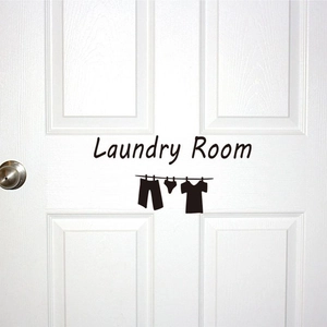 Laundry Room wall sticker with clothesline silhouette on a white door decor