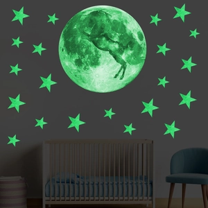 Stickers muraux lune et licorne phosphorescents avec étoiles pour déco de chambre d'enfant
