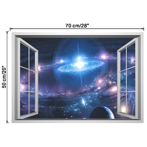 Detailed 70x50cm dimensions of a 3D window view wall sticker with galaxy and stars