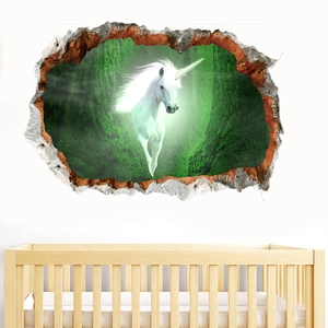 Detailed 3D wall sticker featuring a white unicorn in green forest above a nursery crib