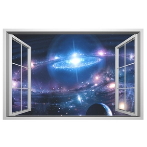 3D outer space galaxy window wall sticker with blue nebula and stars for home decor
