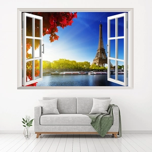Modern 3D faux window wall decal featuring Eiffel Tower view and red autumn maple leaves