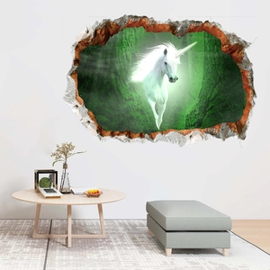 3D wall sticker detail showing white unicorn breaking through wall into green forest