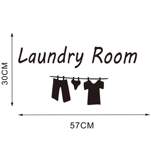 Detailed dimension guide for laundry room wall decal with hanging clothes icon 57x30cm