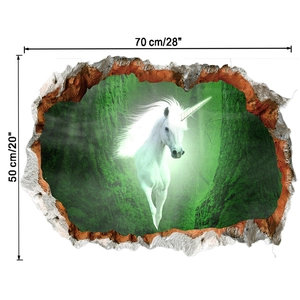 3D wall sticker dimensions of 70x50cm showing green jungle unicorn through broken wall