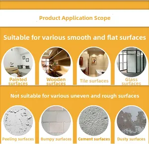 Surface compatibility guide for 3D wood texture wall stickers showing do and do not use areas