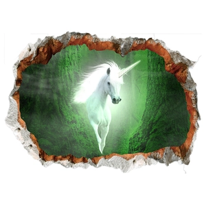 3D wall sticker featuring a white unicorn jumping from a broken wall in a green forest