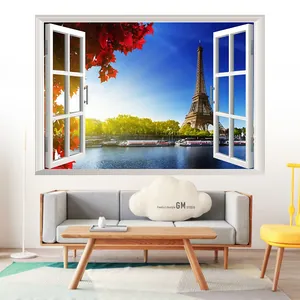 3D wall sticker featuring the Eiffel Tower scenery through a realistic white window frame