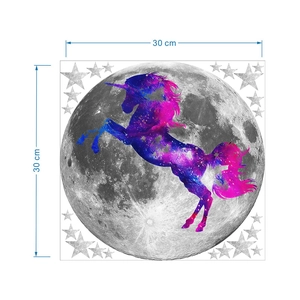 Détail de stickers muraux licorne et lune lumineuse avec marquage de taille 30cm