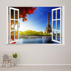 Detail of 3D window wall sticker showing the Eiffel Tower and red autumn leaves scenery