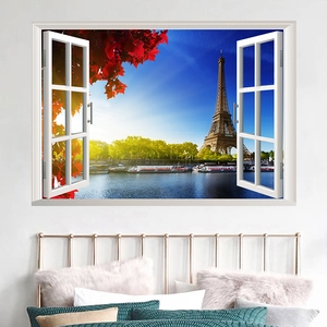 3D faux window wall sticker featuring an Eiffel Tower autumn view for home decor