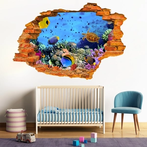 Detailed 3D underwater sea turtle wall decal in a nursery with coral reef and fish