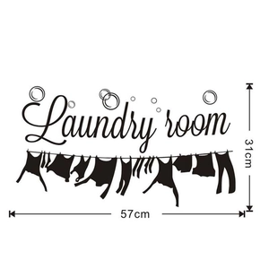 Detailed dimensions of Laundry Room wall decal showing 57x31cm size and washing line art