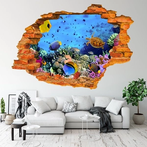 3D ocean wall sticker featuring sea turtles and tropical fish through a broken brick wall