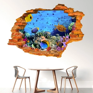 3D ocean turtle and tropical fish wall decal featuring a realistic broken brick wall effect