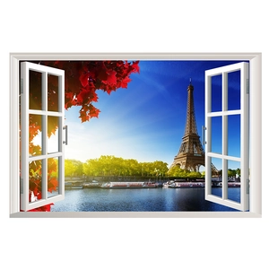 3D faux window wall decal featuring Paris Eiffel Tower view with autumn red maple leaves