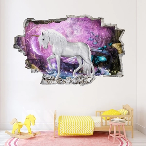 Detailed 3D unicorn wall sticker with purple forest and broken wall effect for kids room