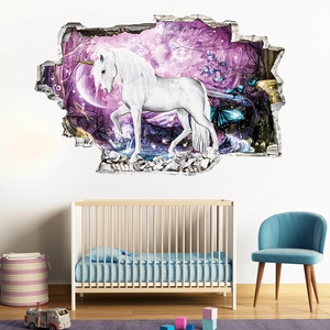 3D unicorn wall decal with a dreamlike purple forest background for kid's room decor