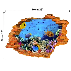 Detail view of 3D underwater sea turtle wall sticker with 70cm by 50cm dimensions