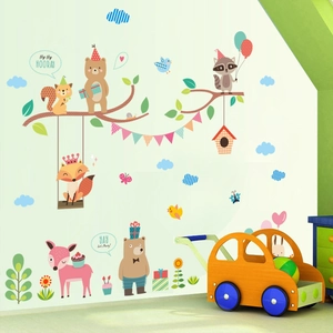 Cartoon forest animals wall stickers with fox, bear and party balloons for kids room