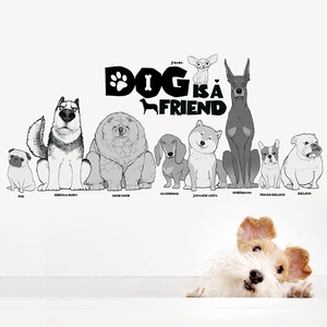 Cartoon dog wall stickers featuring various breeds and Dog Is A Friend artistic lettering