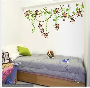 Removable cartoon monkeys on vines wall sticker, 2 sets effect for 2.5m wide wall decor