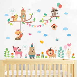 Cartoon forest animals wall stickers for nursery decor featuring fox lion and balloons