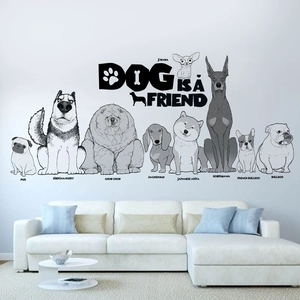 Cartoon dog wall decals for living room with husky and shiba inu portraits and text