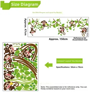 Size chart showing cartoon monkey wall sticker dimensions from layout to 150x47cm display
